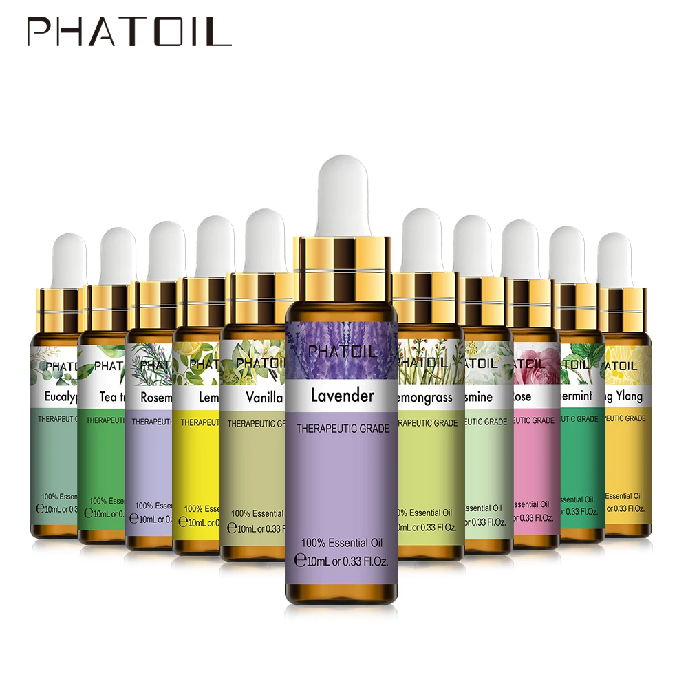 PHATOIL 10ML with Dropper Lavender Eucalyptus Vanilla Pure Natural Essential Oils Rose Jasmine Ylang Ylang Diffuser Aroma Oil