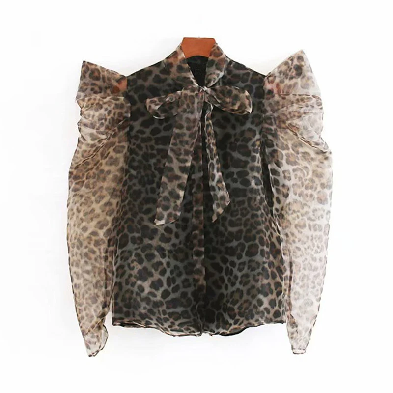 Женские винтажные блузки из органзы с леопардовым принтом,, модные блузки с бантом и воротником-бабочкой, блуза с пышными рукавами, рубашка, шикарный сексуальный прозрачный топ