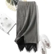 Осенне-зимние женские трикотажные юбки-карандаш, эластичные вязаные миди юбки, элегантные Лоскутные кружевные юбки-свитера