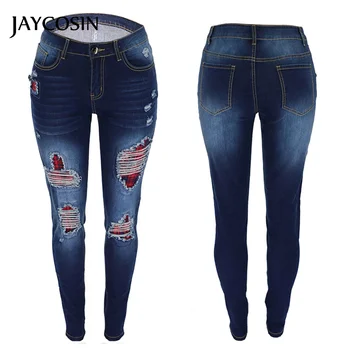 

JAYCOSIN Jeans Women Casual Stretch Cowboy Plaid Print Splice Jean Leggings Slim Hole Trousers Skinny Pants Patchwork Female New