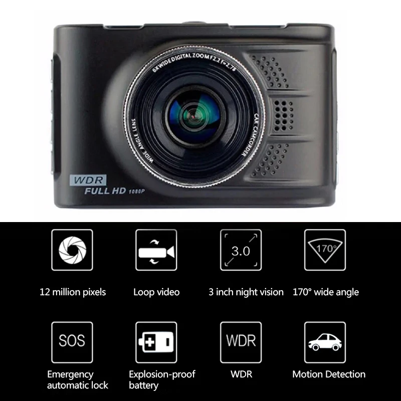 Автомобильный 3-дюймовый металлический Hd Wdr(широкий динамический диапазон) 1080P Камера Dvr 170 ° Широкий формат петля Регистраторы