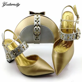

Latest Elegant High Heels Shoes And Bag To Match Set European Design PU With Rivet Ladies Shoes And Bag Set For Wedding Dress