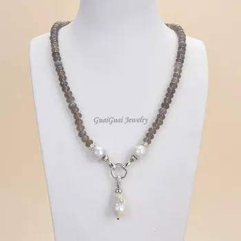 

GG Jewelry 23" White Keshi Pearl Gray Agate Pendant Necklace