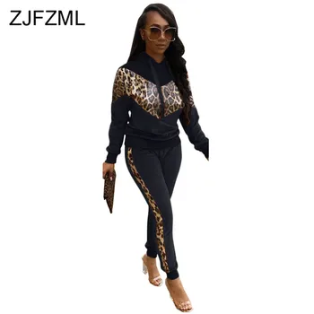 

Leopard Splicing Velvet Suit Women Two Piece Set Full Sleeve Hooded Sweatshirt And Bodycon Pant Sweatsuit Autumn Winter Outfit