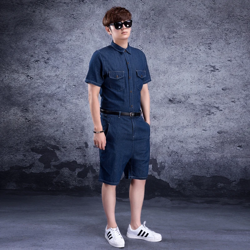 Siamese denim men's jumpsuit denim suit Siamese men's tide jumpsuit men's wear tide denim shorts short sleeve summer