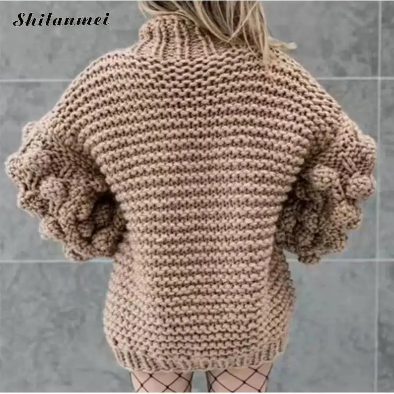 Winter Pullover Sweater Warm Oversized Thick Pullover Loose Knitted Women Casual Sweater Puff Sleeve Pompom Knitwear Sweaters