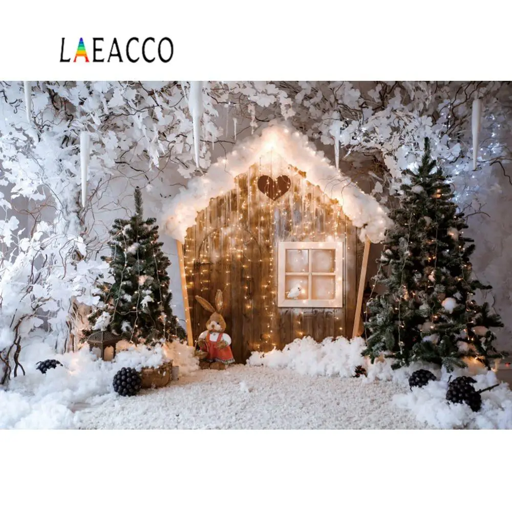

Winter Christmas Backdrops For Photography Snow Wooden House Dolls Tree Fruit Dreamy World Photography Background Photo Studio