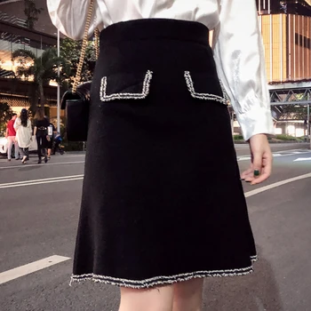 

Autumn Winter Black Skirts A-Line Knee-Length Vintage Korean Wool Skirt High Waist Elegant Office Lady Short Skirt Harajuku W364