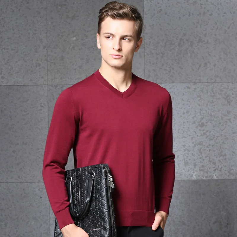Модный брендовый свитер, мужские пуловеры, Облегающие джемперы, вязаные, v-образный вырез, одноцветные, Осенние, корейский стиль, повседневная мужская одежда - Цвет: Красный
