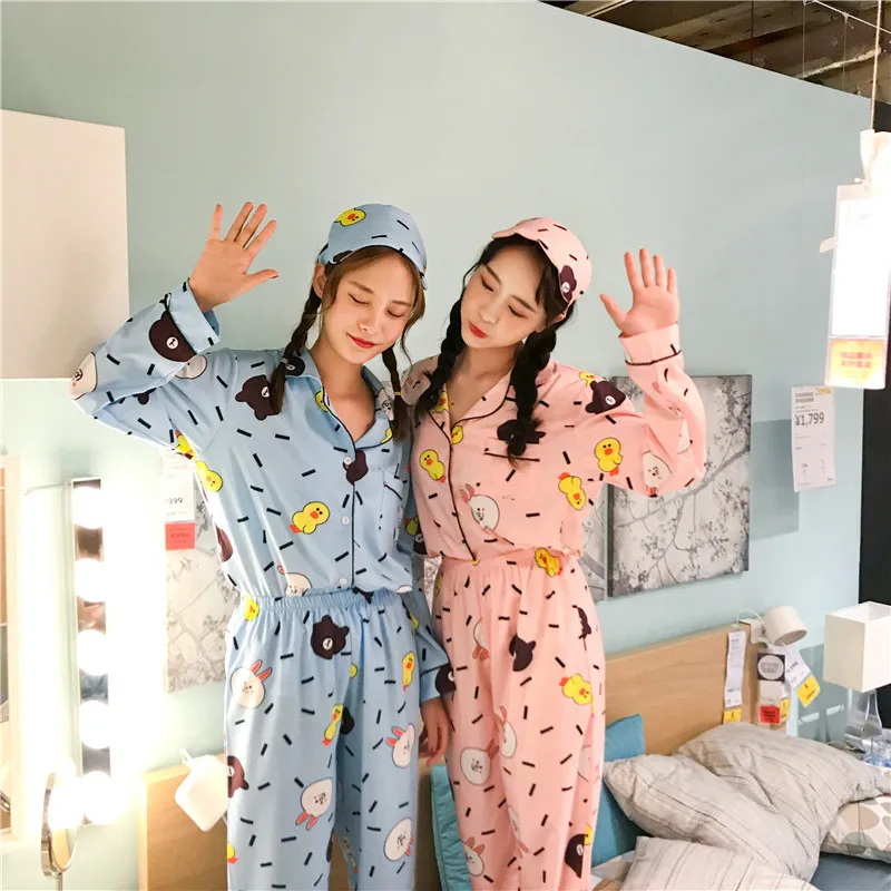 Корейский осенне-зимний женский пижамный комплект со штанами, Хлопковая пижама, полосатая пижама с принтом, пижама, милый Ночной костюм, ночные рубашки