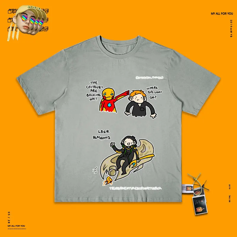 Wang You Disease Studio Hong Kong Flavor Chia Wind Hand Doodle футболка для мужчин и женщин Boyfriend Wind Tee - Цвет: gray