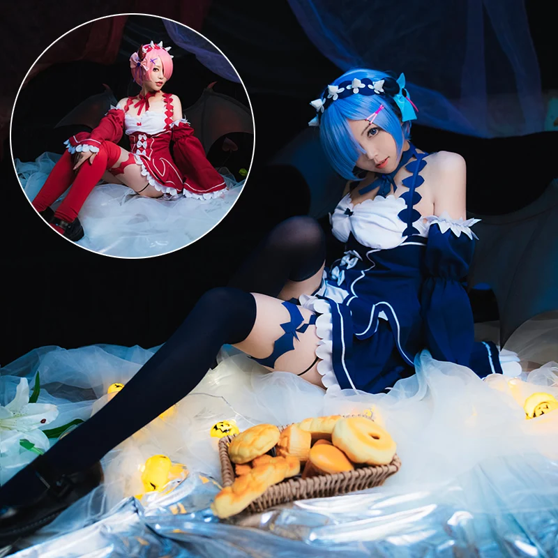 Аниме Re Zero Hajimeru Isekai Seikatsu REM ram костюм горничной на Хэллоуин платье лолиты форма косплей костюм розовый синий короткий парик
