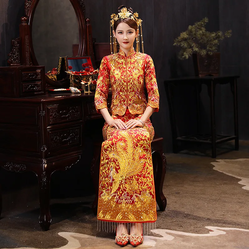 XiuHe высококачественное красное китайское свадебное платье женское Cheongsam Золотое