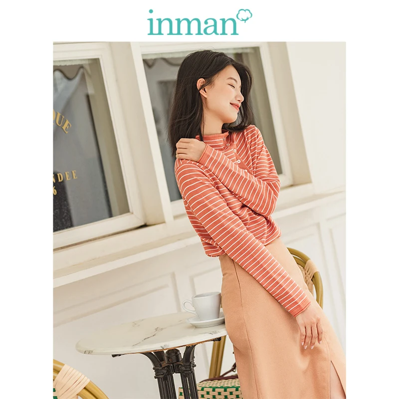 

INMAN 2019 Autumn Winter New Arrival Little O-neck Irregular Button Striped Long Sleeve Literary All Matched Women Pullover