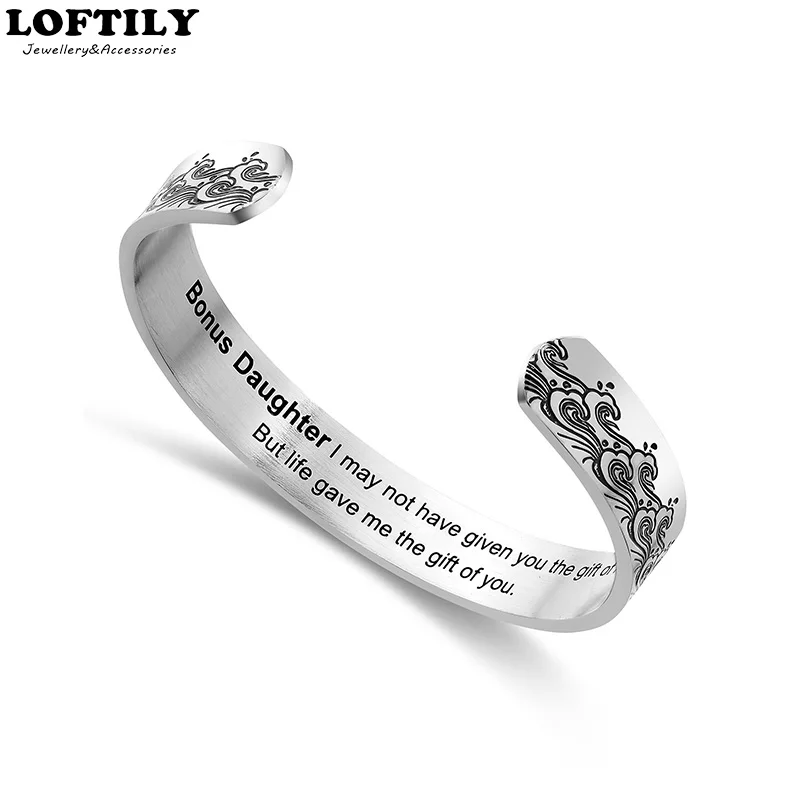 

10mm Bonus Daughter Wide Cuff Bracelet Bangle for Women Stainless Steel Gift for Daughter Mantra Bracelet Inspiration Spindrift