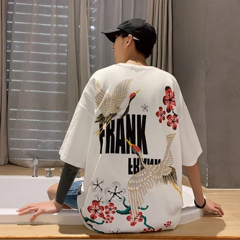 

2020 Summer New Chinese Style Men's Original Trend Retro Fairy Crane Printing Casual Short-sleeved T-shirt Loose Cotton M-5XL