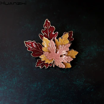 

HUANZHI 2020 New Enamel Maple Leaf Shape Exaggerated Vintage Metal Brooch Coat Accessories Colorful Jewelry for Women Gifts