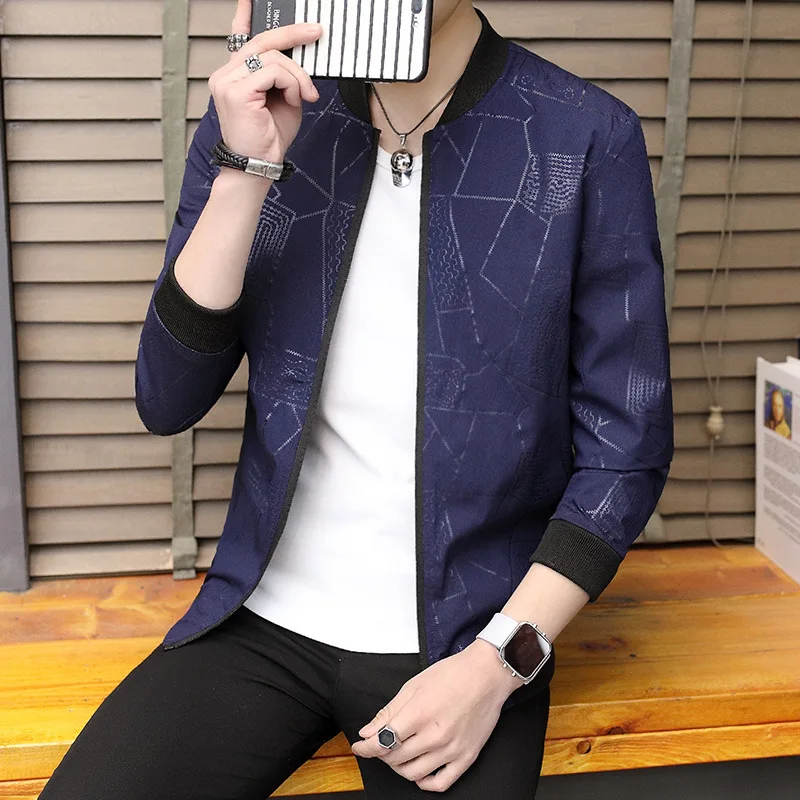 

2019 Spring Men Jacket Men Printed Slim Fit Baseball Collar Coat 1802