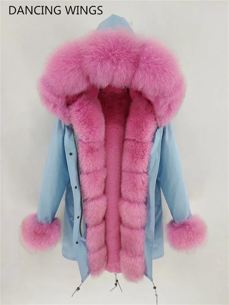 

100% Rex Rabbit Fur Liner Women Parkas Plus Size 4XL Real Natural Fur Coat Winter Jacket Long Women Fox Fur Collar Hooded Parka