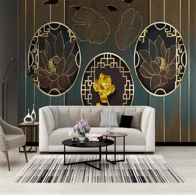 Large 3D wallpaper mural custom gold embossed lotus light luxury decorative painting TV sofa background wallpaper mural
