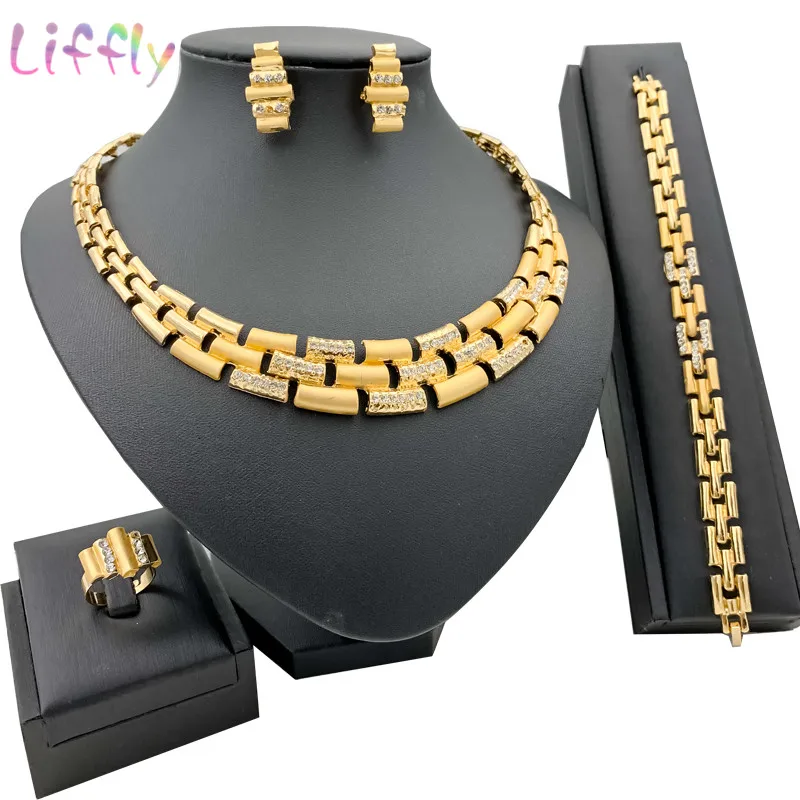 

Liffly New Rectangular Multi-layer Alloy Necklace Embellished Crystal African Jewelry Set Necklace Earrings Ring Bracelets Tide