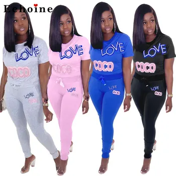 

Women Two Piece Set Embroidery Chest Pearl Breathable Comfortable Sports Suits Homewear Lace Up Long Pants Gym Biker Tracksuit