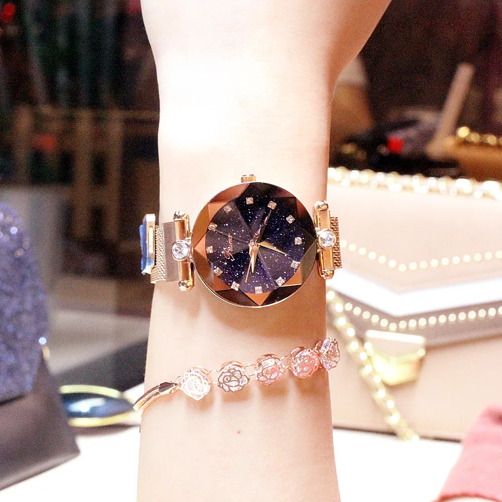 

Douyin Fashion New Style Genuine Product Ladies' Watch Diamond Set Magnet Mesh Belt Import Movement Star Quartz Waterproof Watch