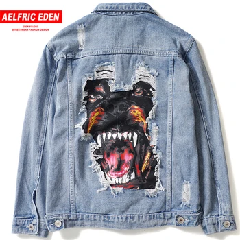 

Aelfric Eden Men's Hip Hop Streetwear Denim Jeans Jackets 2019 Spring Funny Dog Patch Design Broken Hole Coats Fashion Outwear