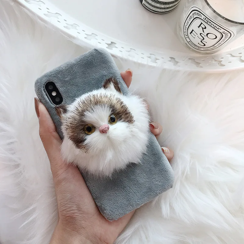 Роскошный мягкий чехол из ТПУ с меховым рисунком 3D кота для iPhone 6 6S AQ