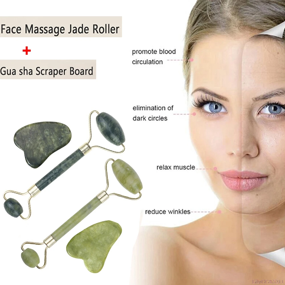 2pcs/set Face Massage Roller Gua Sha Scraper Board Face Lift Up Wrinkle Remover Natural Green Jade New