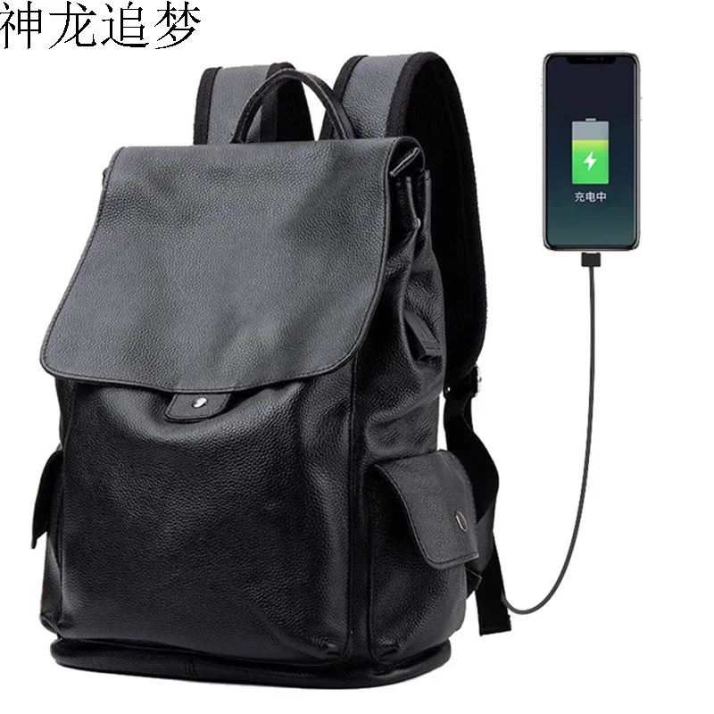 

Travel bag usb interface Backpack Men's Leather Multifunctional Casual Student Schoolbag Cowhide leather Computer Rucksack Bag