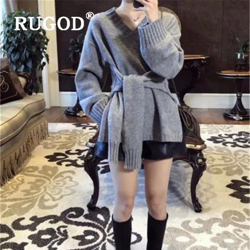 RUGOD Korean New Style Chic V-neck Solid Color Pullover Elegant Belted Sweater Ladies Winter Tops For Women Fashion