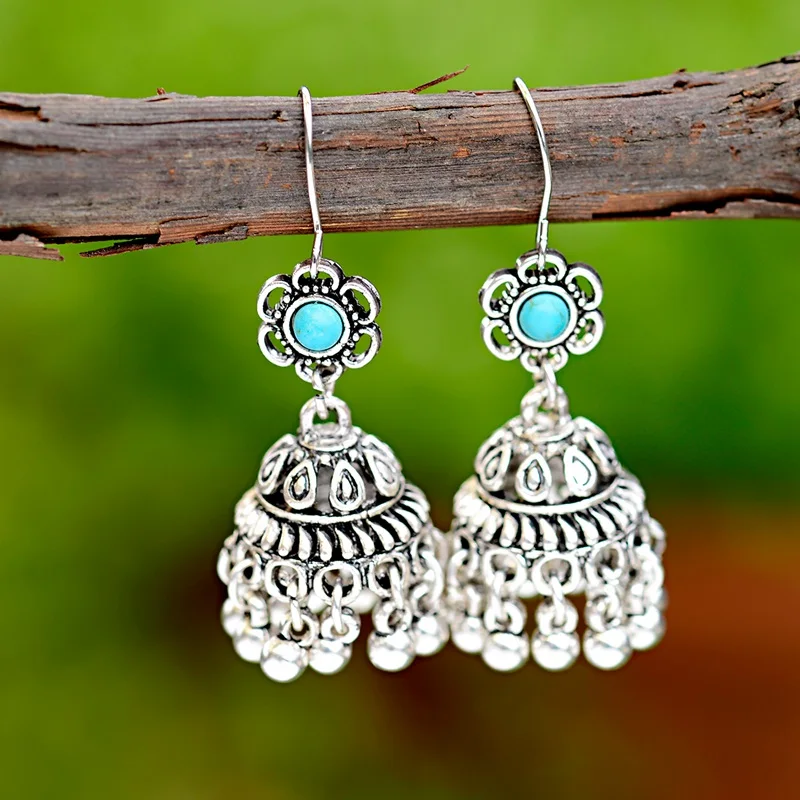 TopHanqi античный этнический индийский Jhumka Jhumki серьги для женщин Бохо Винтаж полые цветок висячие серьги с бисером цыганские украшения