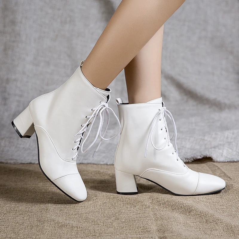 Botines de tacón bajo para mujer, botas informales cordones, color blanco y negro, 34 45 talla grande, Otoño Invierno|Botas hasta el tobillo| - AliExpress