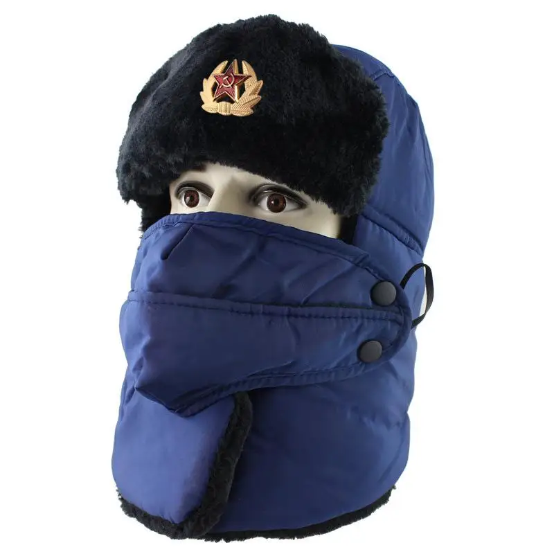 Русская Шапка из искусственного меха, искусственный металлик для значка, ушанка, морозостойкая утолщенная и бархатная Мужская и женская уличная шапка - Цвет: Синий