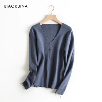 

BIAORUINA 3 Color Women's Casual Solid V-neck All-match Knitted Pullover Female Basic Minimalist Thin Sweater 2019 Autumn