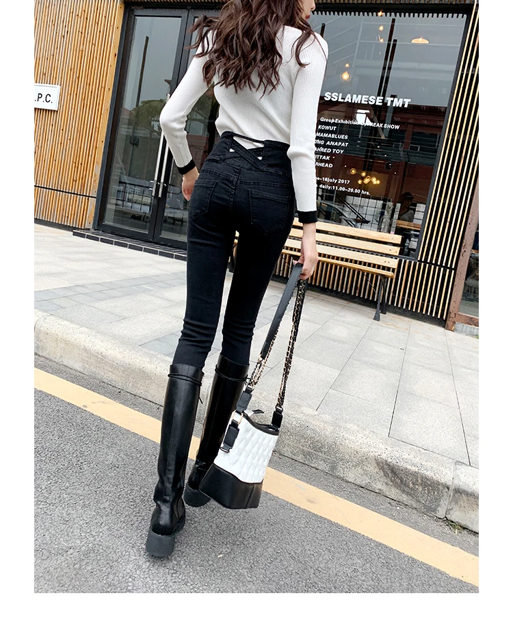 JUJULAND женские черные высокие waists обтягивающие джинсы Повседневный сексуальный стиль Wache узкие брюки 1011