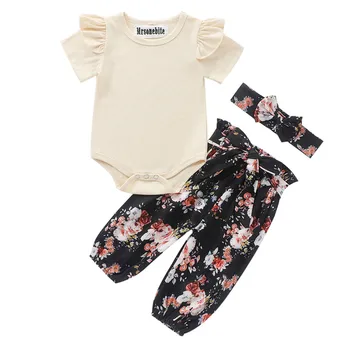 

0-18M Newborn Baby Girls 3pcs Set Cotton Tops Romper Floral Long Pants Outfits Baby Girls Clothes Set