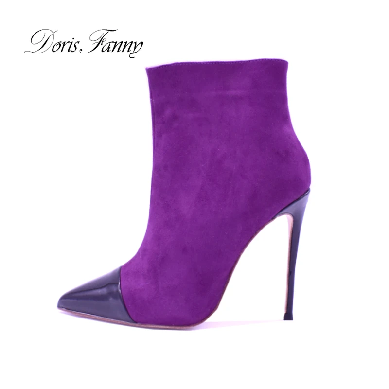 Doris Fanny/фиолетовая замшевая зимняя обувь с острым носком; женские ботильоны на высоком каблуке-шпильке; размеры 34-43