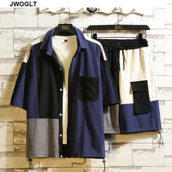 

Summer Harajuku Men Casual Tracksuit Set Fashion 2 PCS Sweat Suit Mulit-Pockets 100% Cotton Short Sleeve Shirts and Shorts 5XL