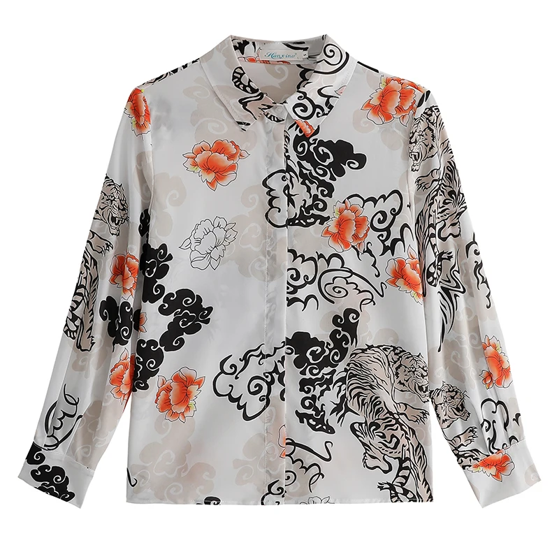 

LUKAXSIKAX 2020 New Spring Autumn Women Long Sleeve Shirt High Quality Retro Pattern Print Silk Shirt Casual Women Tops