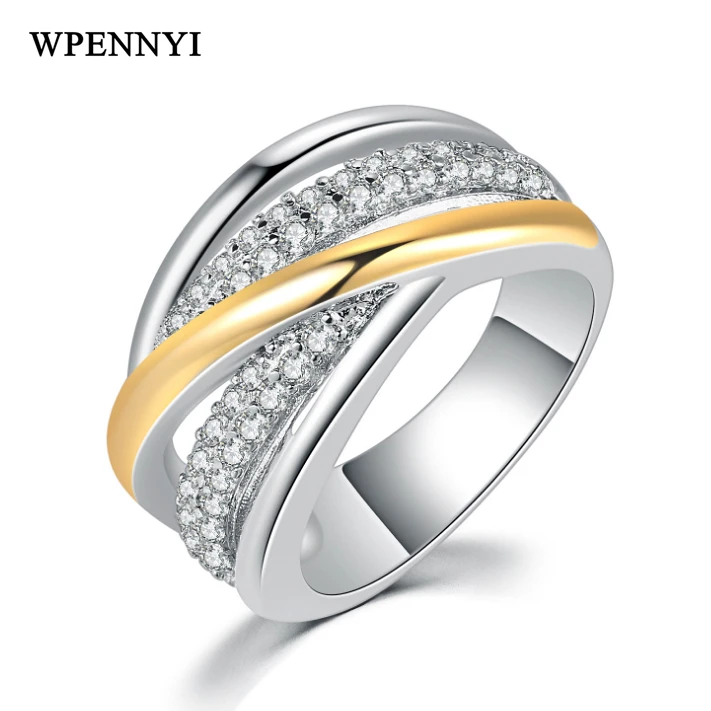 

Luxury Multilayer White / Gold Two Tone Color Tiny Zirconia Fully Paved Woman Finger Rings Christmas Gifts Anti-allergic