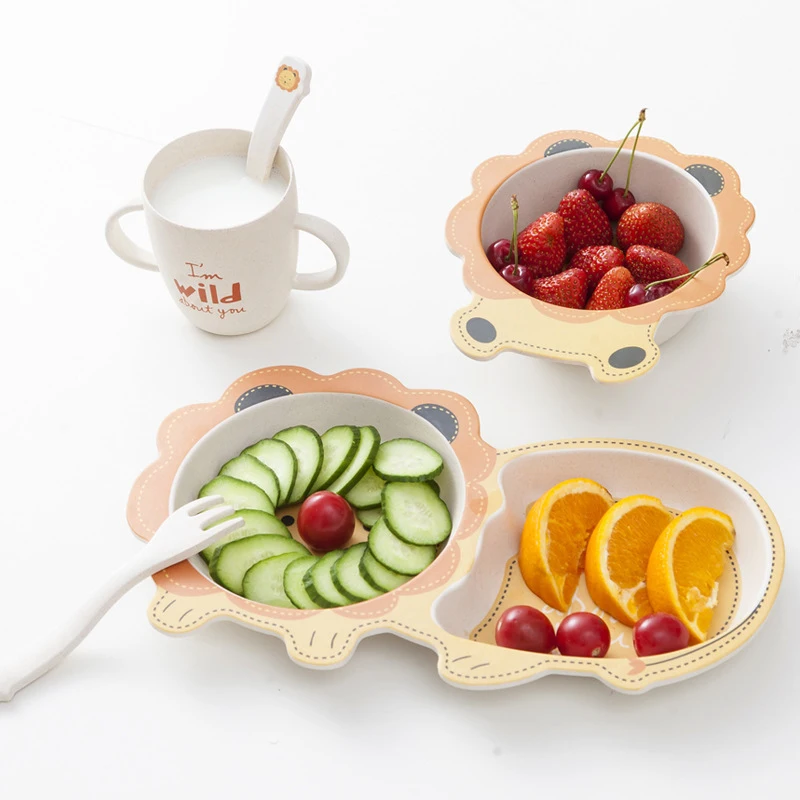 5Pcs/set Eco-friendly Bamboo Fiber Baby Plate Dishes Children Tableware Set Dinnerware Feeding Bowl Separation C1252 e | Дом и сад