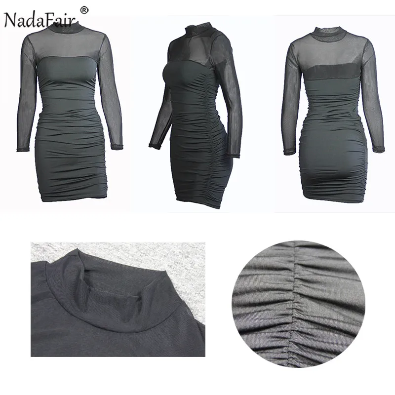 Сексуальные сетчатые платья Nadafair с длинным рукавом и круглым вырезом прозрачное