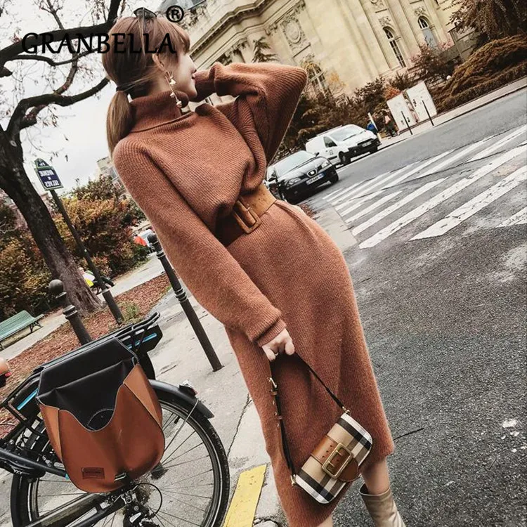 

Autumn and Winter New Chic High-collar Women's Long Turtleneck Sweater Dress Women Slim Solid Knitted Sweaters Fashion Casual