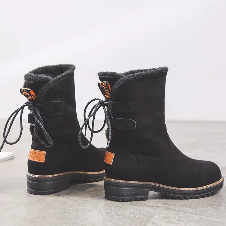

2019 Winter New Style Large Size Snow Boots Women's plus Velvet Chunky-Heel Low Heel Lace up Back Short Boots T4026