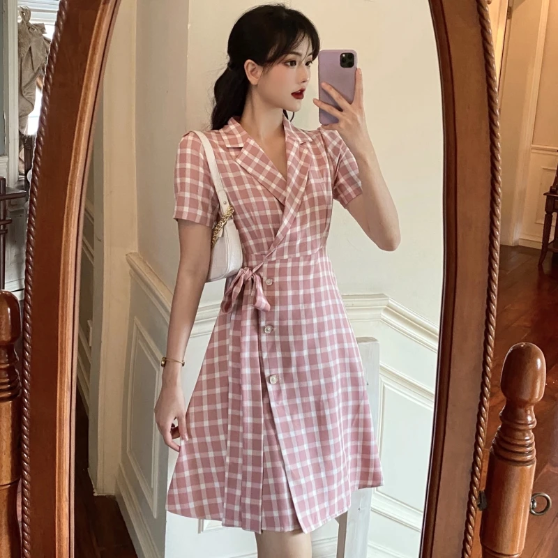 

summer girl's retro large size v-neck Single-breasted plaid pink dress women's fashion OL plus size bodycon dress