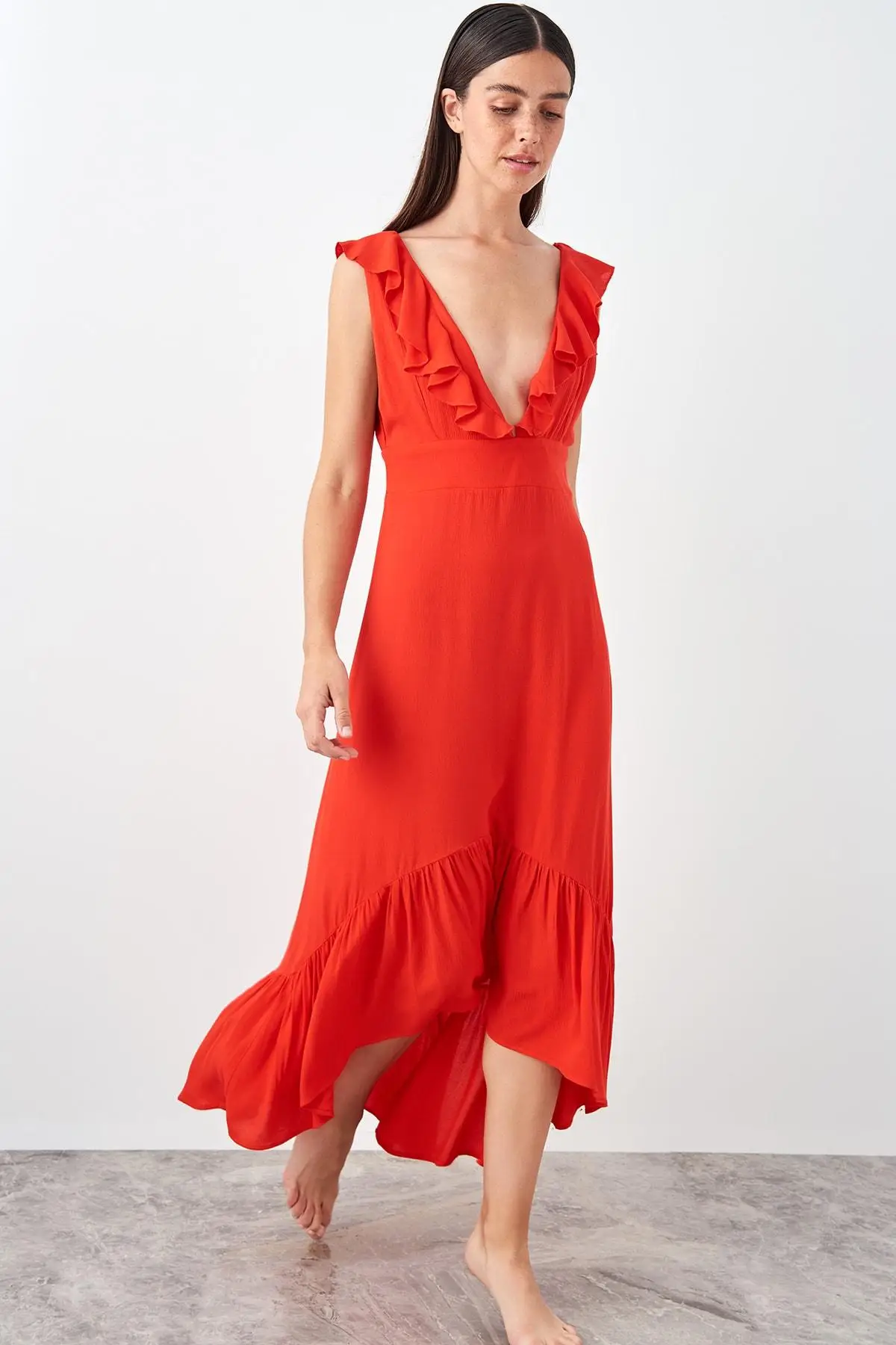 Trendyol Red Colar платье с оборкой TBESS19EL0366 | Женская одежда