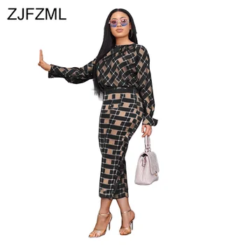 

Plaid Fall Winter 2 Piece Sets Womens Outfits O-neck Slit Flare Sleeve Blouse + High Waist Wide Leg Pants Sexy Club Matching Set