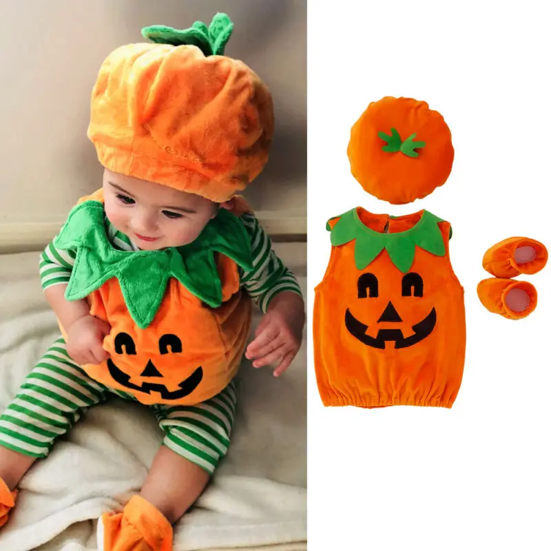 2019 Newest Hot Cosplay Halloween Baby Kid Boys Girls Pumpkin Suit Top Sleeveless Blouse Dress+Hat+Shoes Costumes 3PCS